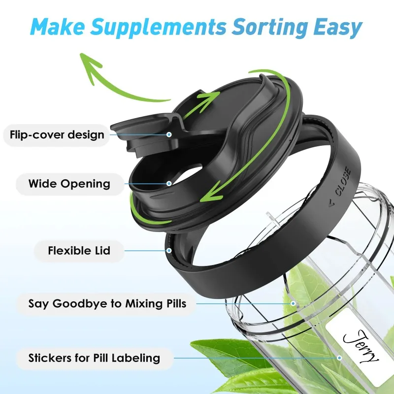 Large Pill Cup Bottle Organizer Supplement Organizer for Holding 6 Various Vitamins Travel Pill Case Box Straw Container