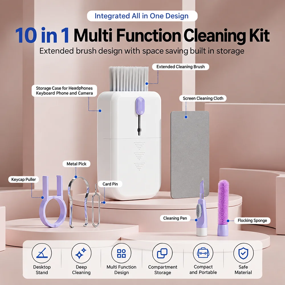 10 In 1 Keyboard Cleaning Kit Purple White Portable Multi Tool Brush Keycap Puller Earbud Camera Phone Cleaning Accessories