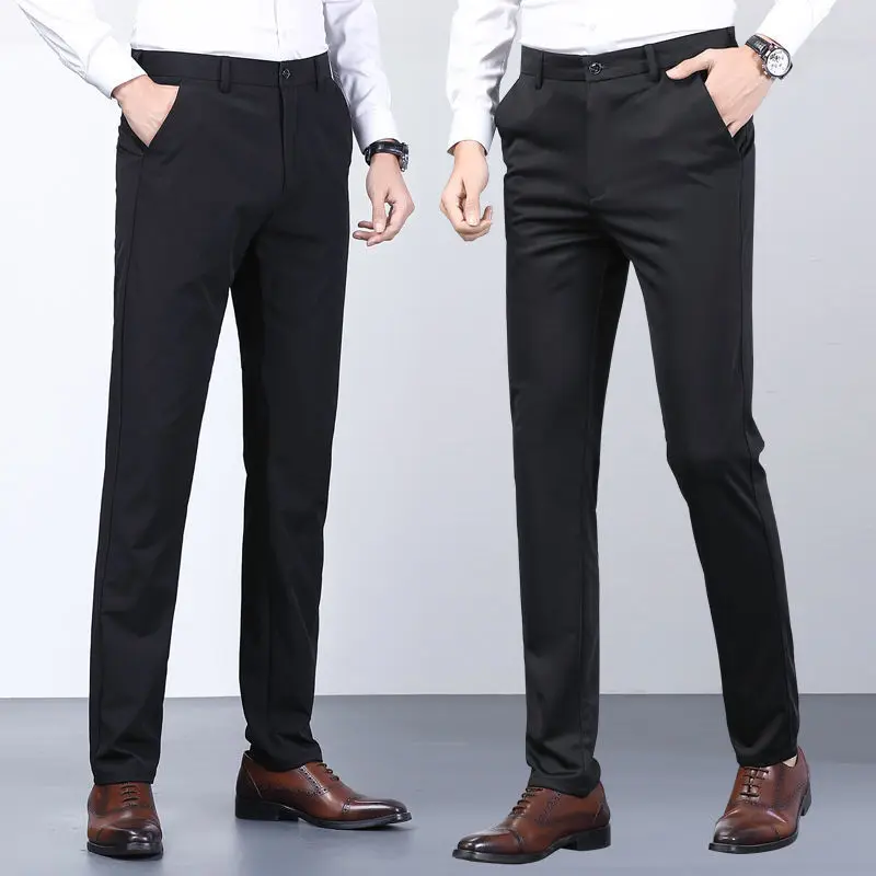 Pantalones de traje informales de verano para hombre, pantalones elásticos sin planchado, pantalones finos negros, pantalones de traje Formal de