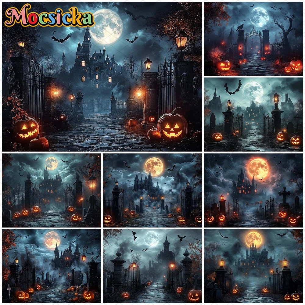 

Mocsicka Halloween Castle Background Night Moon Bat Jack-O-Lantern Terror Cemetery Decor Banner Pumpkin Party Kid Photo Backdrop
