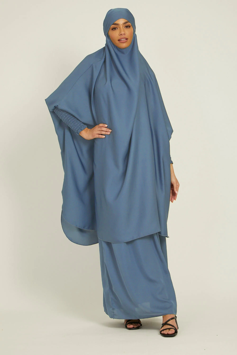 Two Piece Knee Length Jilbab Khimar Style Abaya and Skirt with Chunnat Slevees/Dolman Sleeves Grey Blue Color