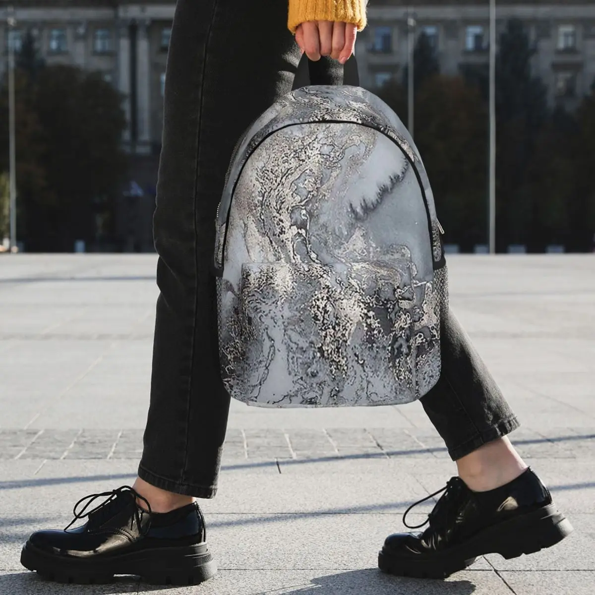 Grey And Silver Marbl Backpack Student BookBag Men Women School Bag Laptop Shoulder Bags