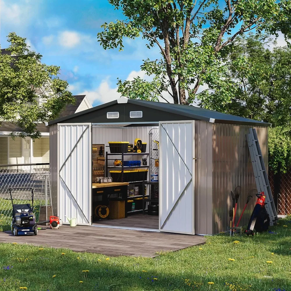 

7.6' x 9.7' Brown Outdoor Storage Shed with Base, Lockable Door, Ideal for Bikes, Tools, Lawn Mowers, Garden Metal Shed