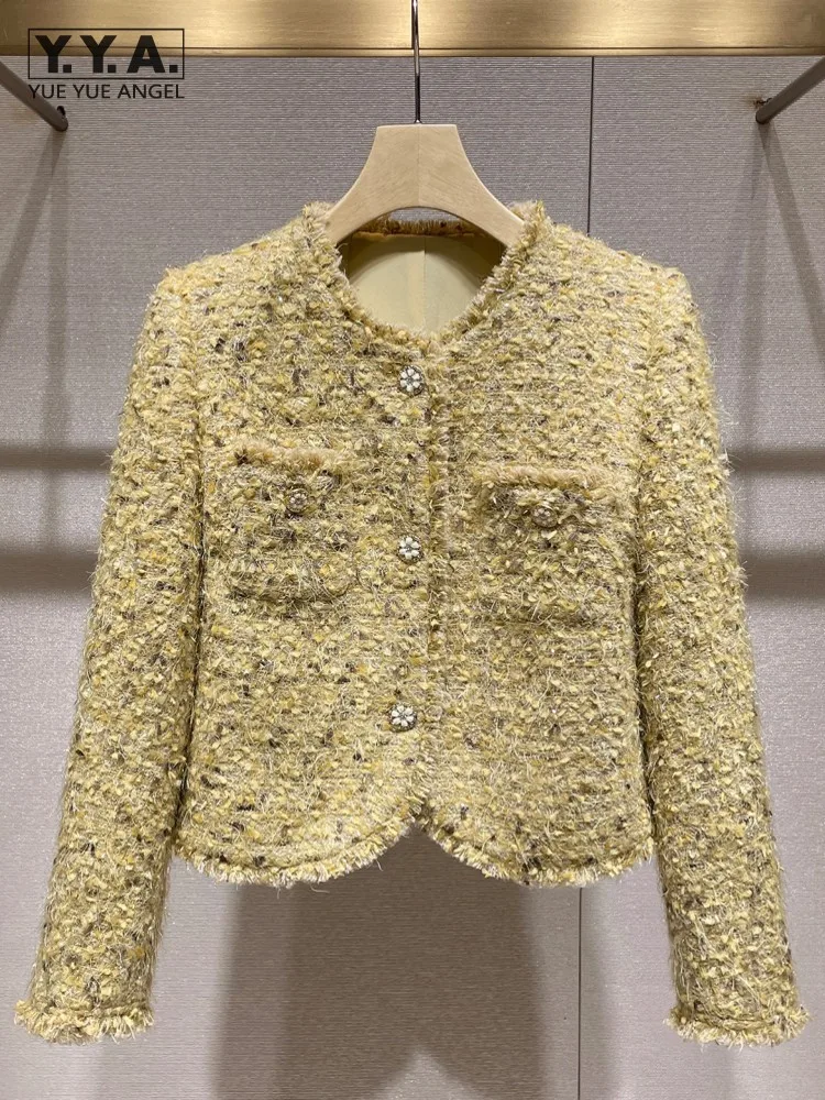 

Autumn French Style Elegant Women Casual Elegant Yellow Jacket O Neck Outwear Single Breasted Designer Office Ladies Short Coat