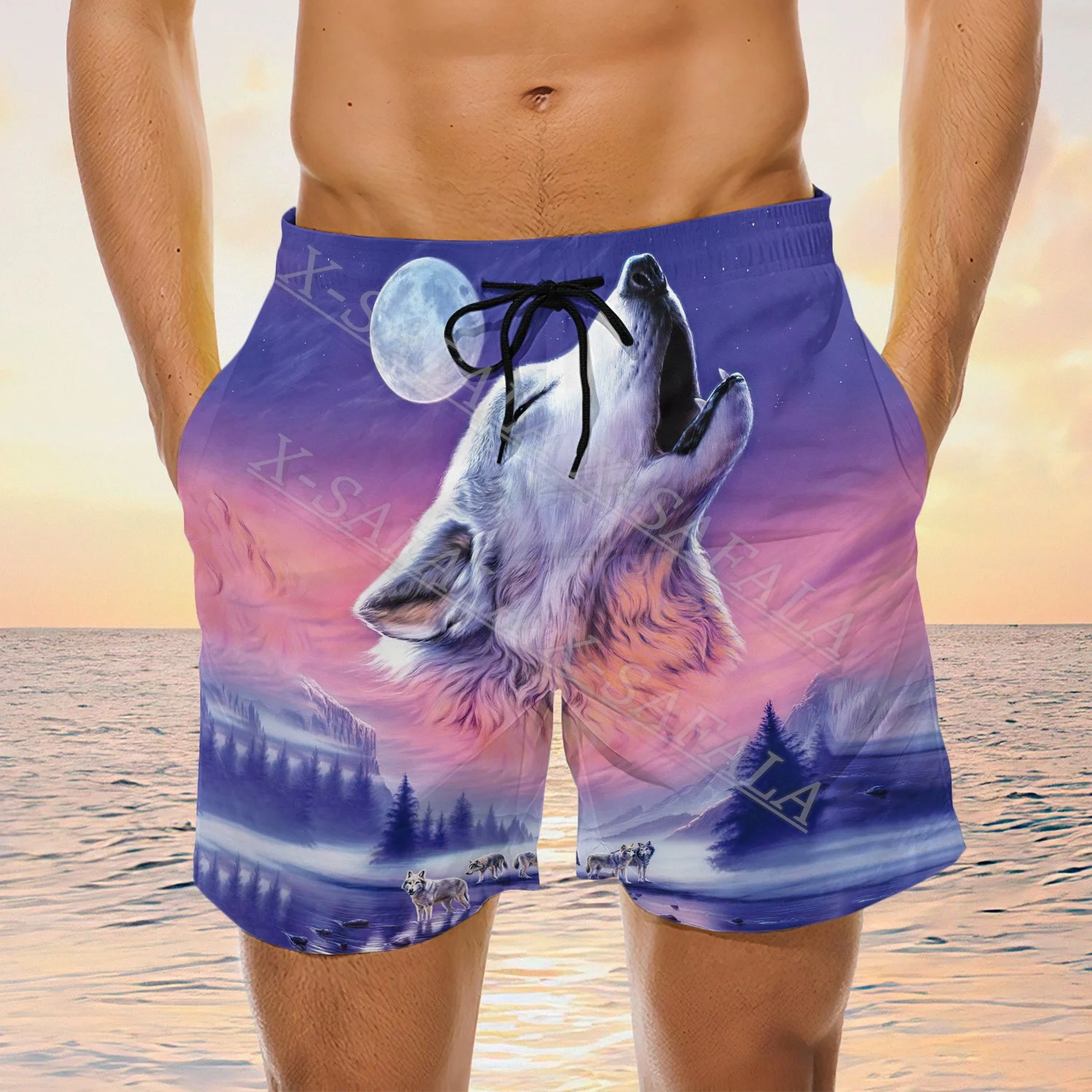 Pantalones cortos con estampado 3D para hombre, pantalón corto con estampado de Lobo, Calavera, Animal, sangre fría, nieve, Luna, natación, playa, vacaciones, verano, 2