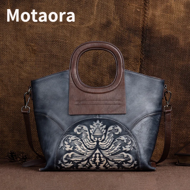 MOTAORA New Vintage Handmade Women Handbags Cow Leather Luxury Handbag Designer Embossed Genuine Leather Ladies Shoulder Bags