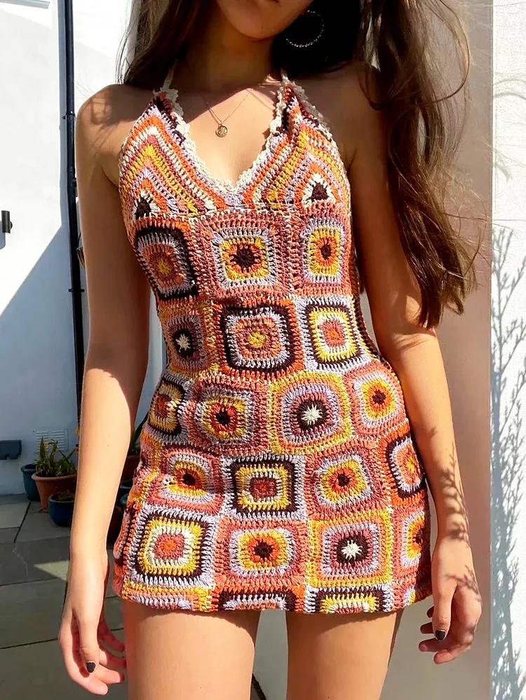 Gypsylady Vintage Crochet Knitted Strappy Dress Handmade Backless Summer Women Dresses Square Pattern Hollow Out Sexy Mini Dress