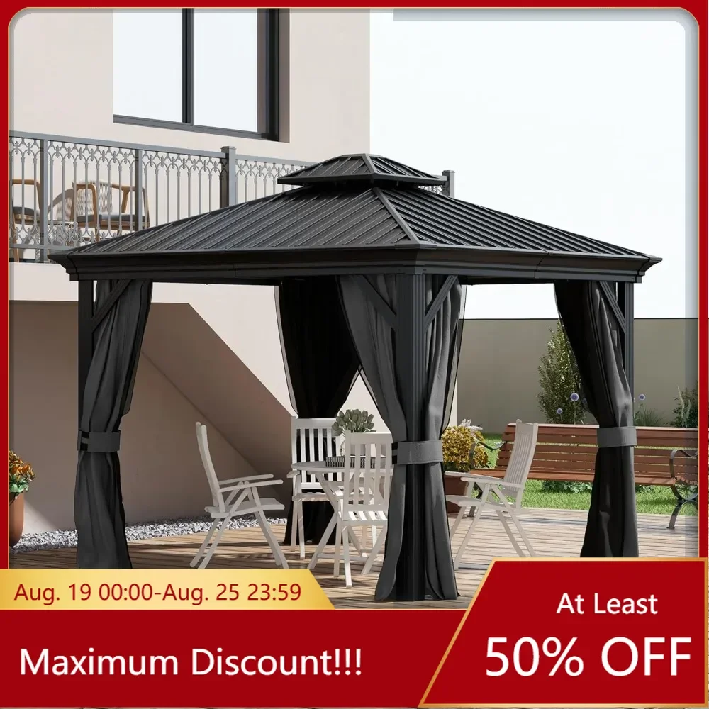 

Hardtop Gazebo with Curtains and Netting,Permanent Pavilion Metal Double Roof Gazebo Canopy for Garden,Patio,Backyard,Light Gray