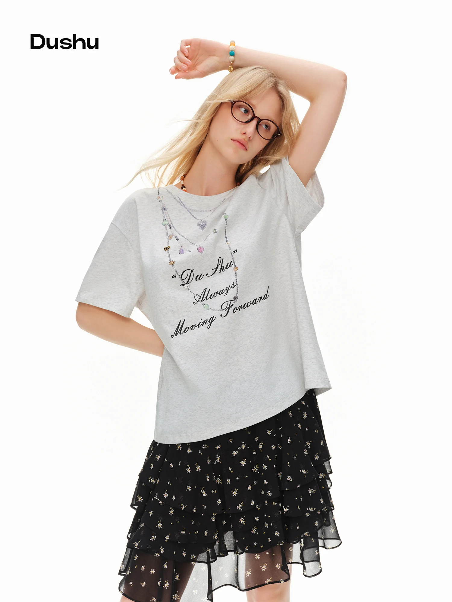 DUSHU 2026 Sommer Damen Bedrucktes T-Shirt mit Rundhalsausschnitt - Atmungsaktiv und Leicht für Sommer und Outdoor-Aktivitäten