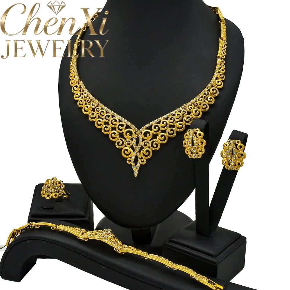 High-End Luxury Alluvial Gold Elegant Fashion Popular Jewelry Set Women Wedding Party Banquet Necklace Earrings Ring 4pcs Gift