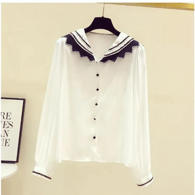 2024 Summer Casual Fashion Elegant Commuting Solid Color Button Navy Neck Design Sense Niche French Chiffon Long Sleeve Top