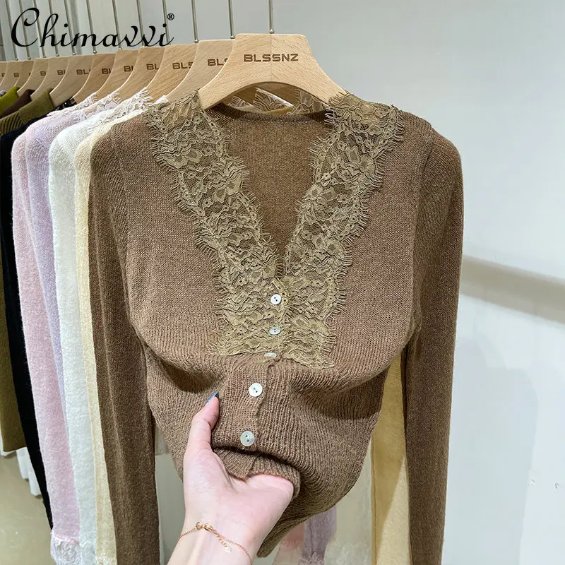 Lace Long-Sleeved Knitted Cardigan for Women V-neck 2022 Autumn and Winter New Fashion Stitching Design Sweater Coat Feminine