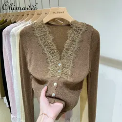 Cardigan lavorato a maglia a maniche lunghe in pizzo per donna con scollo a v 2022 autunno e inverno cappotto maglione con cuciture di nuova moda femminile