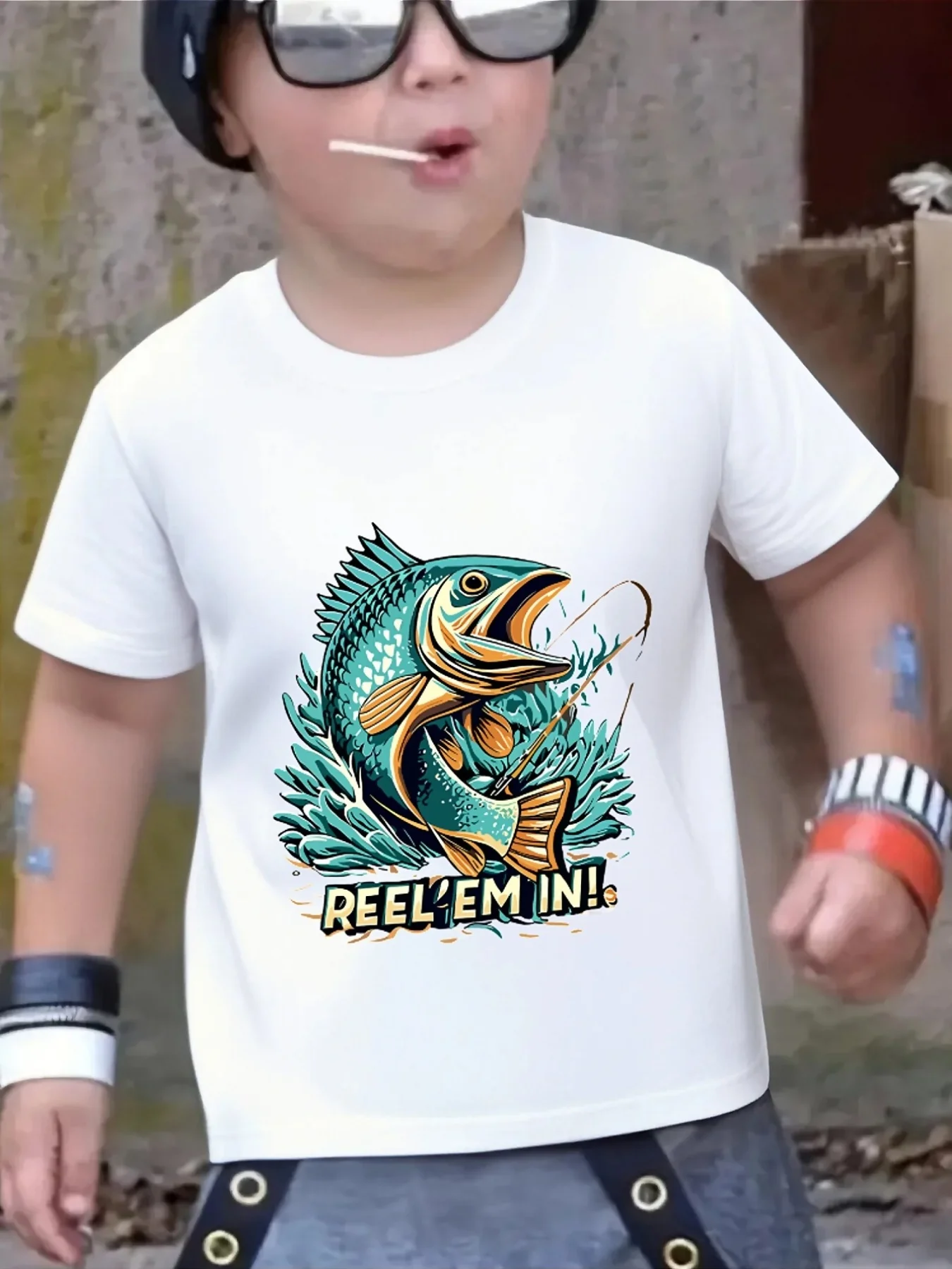 Reel Em In Bass Fishing Wild Nature Cartoon Art Graphic Print Family Matching Short Sleeve Tee Boys Girls Kids Casual Daily Tops