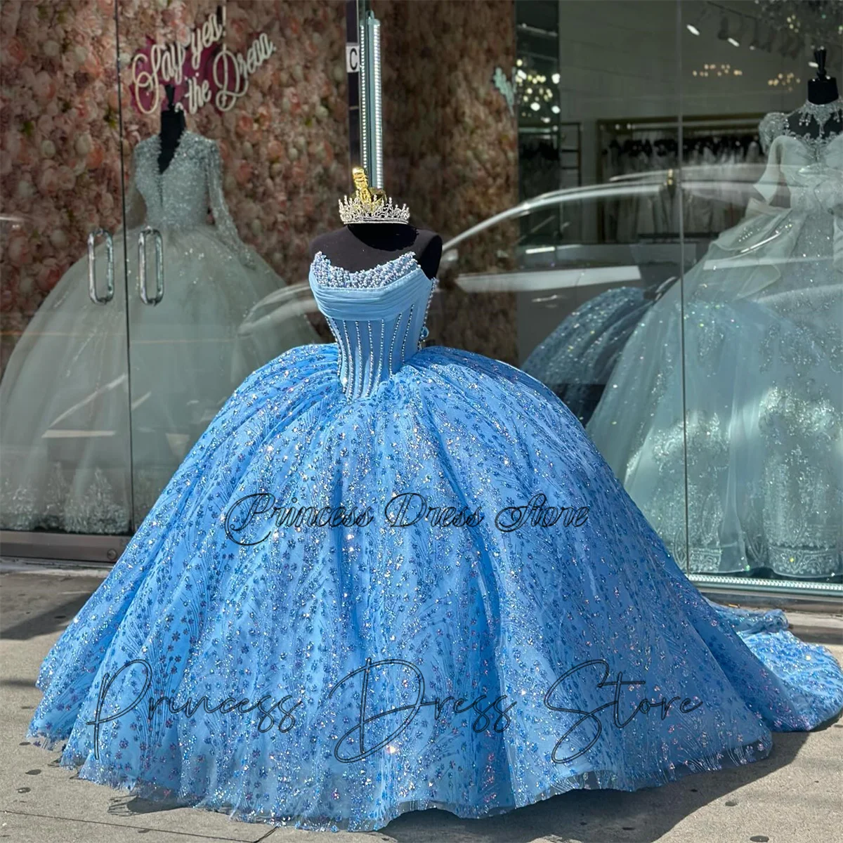 Shiny Blue Quinceanera Dress Ball Gown Off Shoulder Glitter Tulle Luxury Beaded Tiered Sweet 16 Vestidos De 15 Años