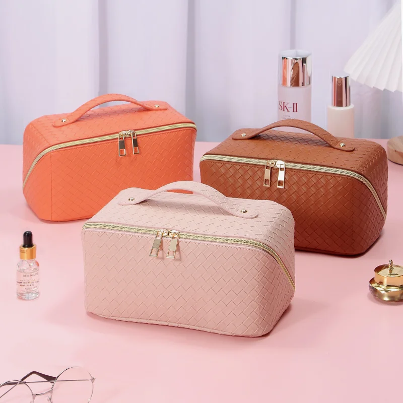 Portable Multi-function Travel Cosmetic Bag PU Waterproof Checkered Embossed Large Capacity Storage Bag Make Up Tools