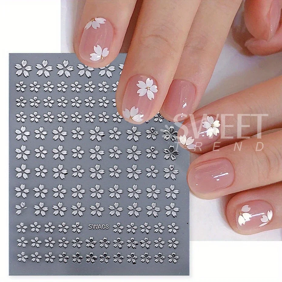 

2/3pcs Holographic Sakura Flower Nail Stickers Cherry Blossom Petal Design Silver Gold Floral Summer Adhesive Decal Manicure Tip