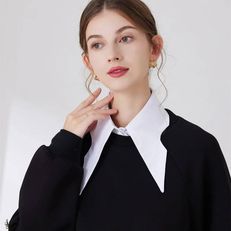 Feminino branco longo apontado colar falso grande lapela colar falso lapela destacável meia camisa de algodão colares falsos