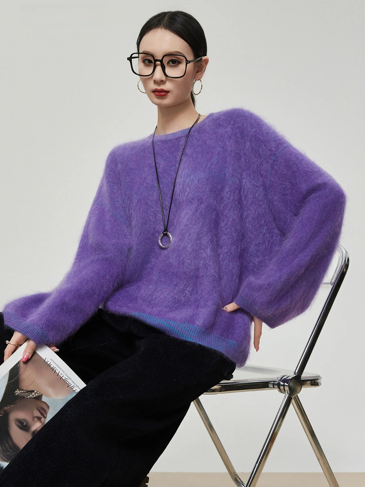 

Loose Comfortable Knitted round Ne Pullover Soft Plu Women's Sweater Purple Fluffy Winter New Sle Casual Lazy Sle