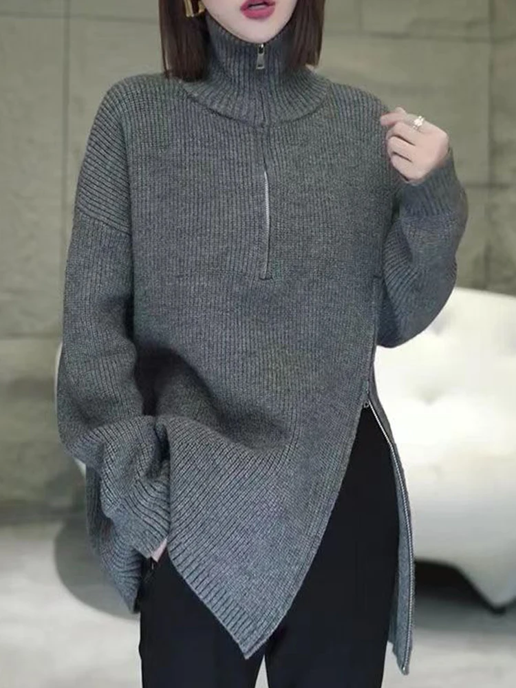 

Early Spring 2025 Women's Knitted Long Sve Top Zipper Asymmetrical Versatile Loose Fit High Collar Color Faion Design