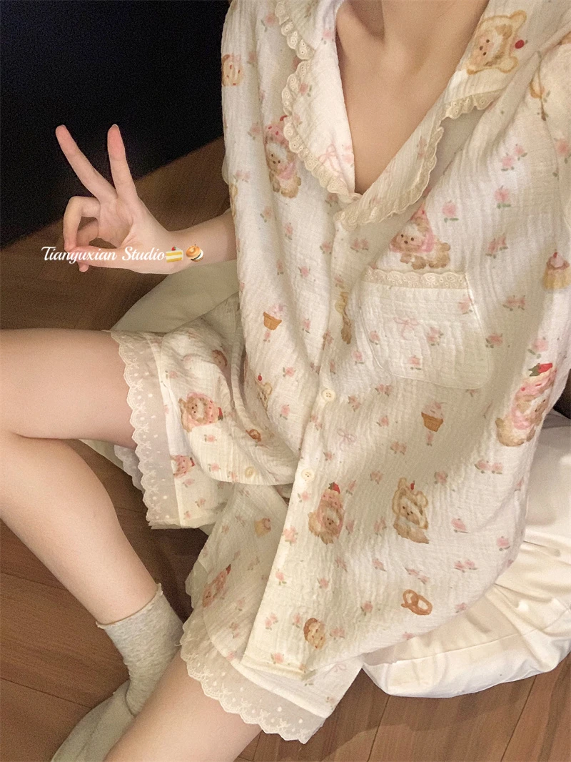 Pure Cotton Korean Version Cute Cartoon Lace Pajamas Women's 2025 Summer Casual Loose Skin-friendly Short-sleeved Loungewear