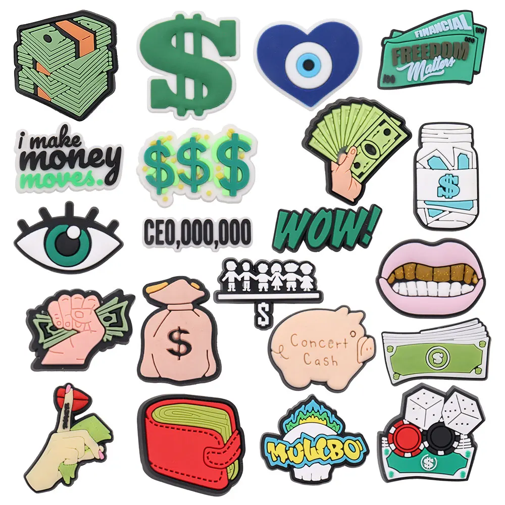 New 1pcs PVC Money Bag Financial Freedom Matter Wow Dollar Slippers Shoe Decoration Buckle Clog Charms DIY Wristband Accessories