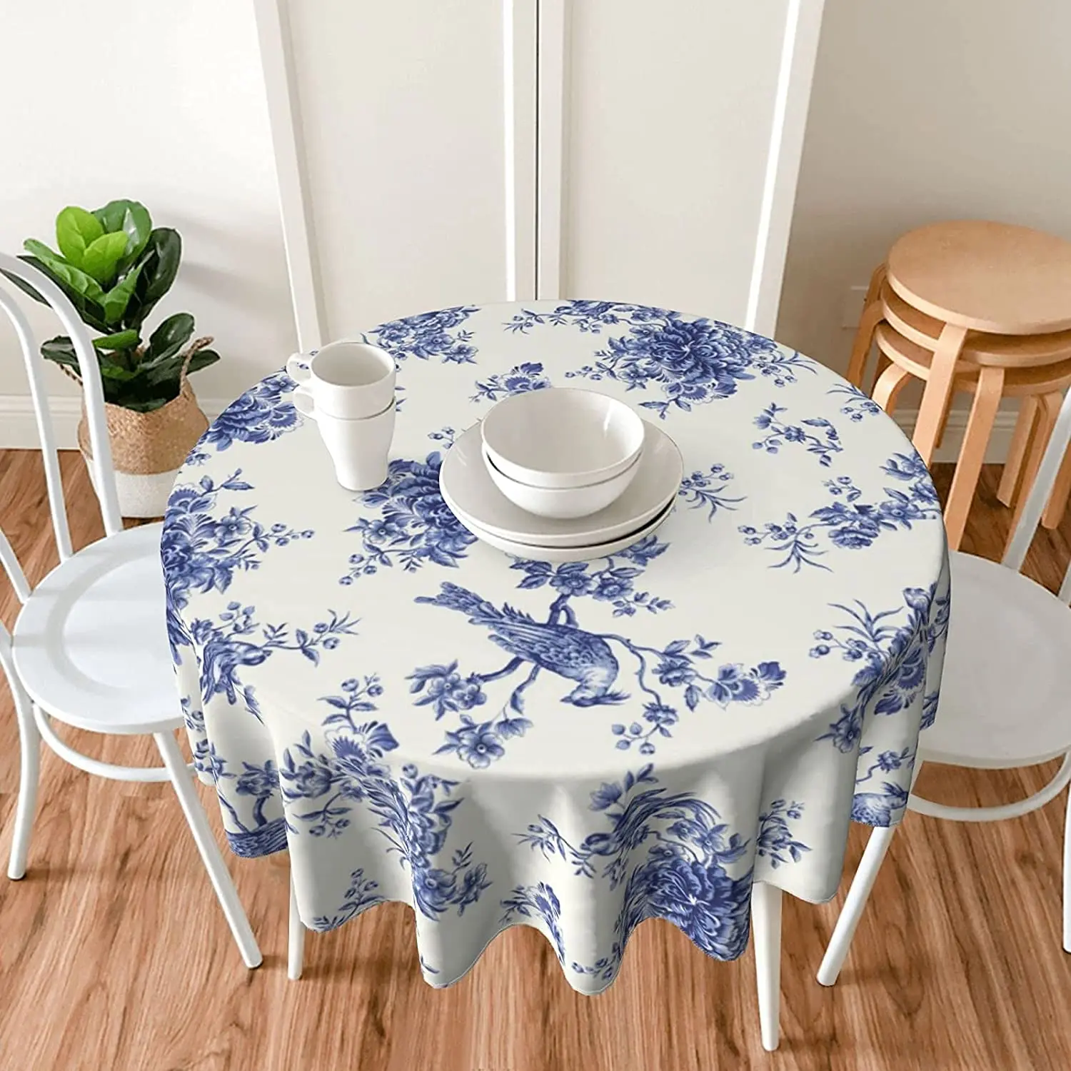 Floral Blue and White Spring Tablecloth Summer Birds 60\'\' Round Tablecloth with Wrinkle Resistant for Party Tabletop Dining Room
