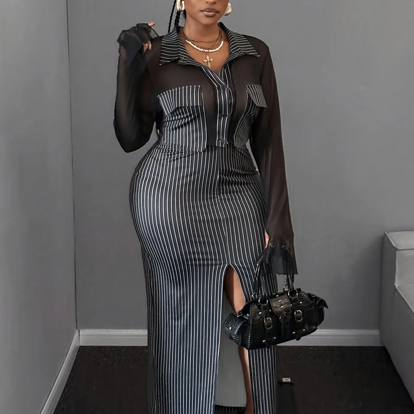 

Women's Plus Size Black & White Pinstripe Two-Piece Set: Sheer Mesh Shirt Top + High Split Bodycon Maxi Skirt Casual Party Outfi