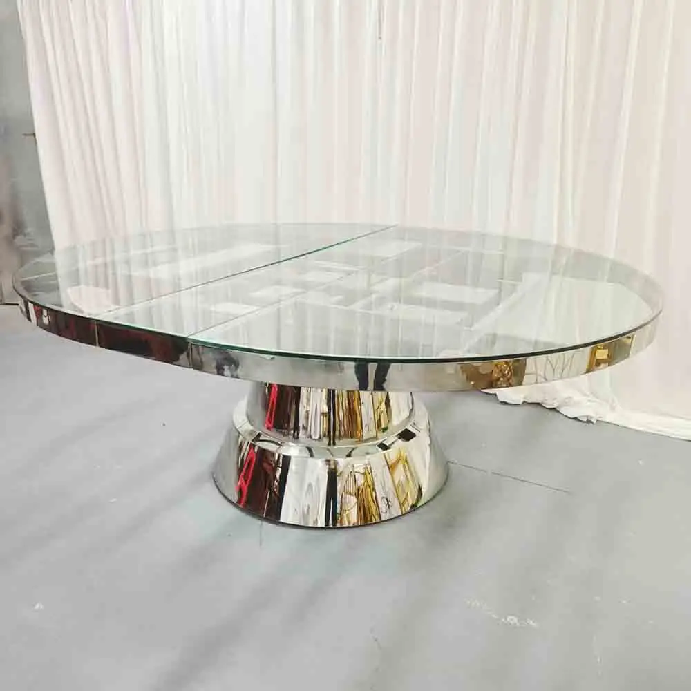 

Hotel Banquet Glass Top Gold Dining Table Stainless Steel Round Metal Wedding Table