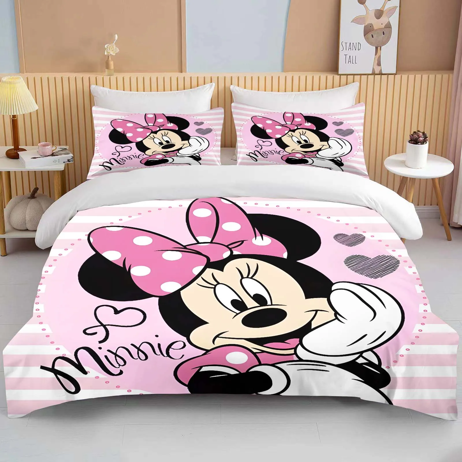 Disney Minnie Mouse Love Printed Bedding Set Cartoon Duvet Cover Comforter Pillowcase Boys Girls Children Adults King Pink Gift