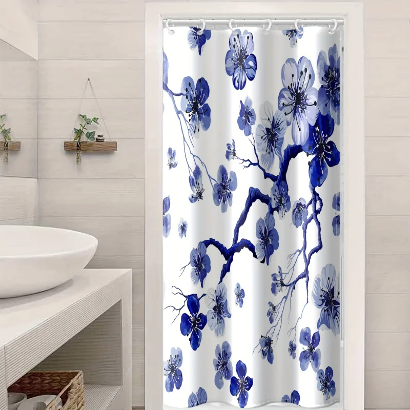 1pc Blue Ink Plum Blossom Pattern Shower Curtain, Waterproof Belt Plastic Shower Hook, Floral Print Window Curtain Decoration, S