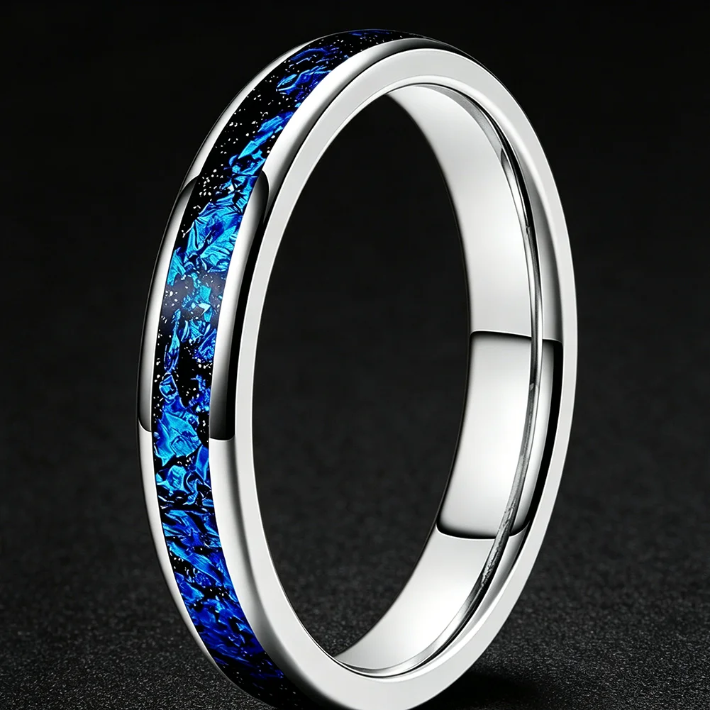 4mm Wolframcarbid-Eheringe mit blauer Folien-Einlage für Männer und Frauen, trendiger Verlobungsschmuck, poliert, glänzend, bequeme Passform – Detail 5