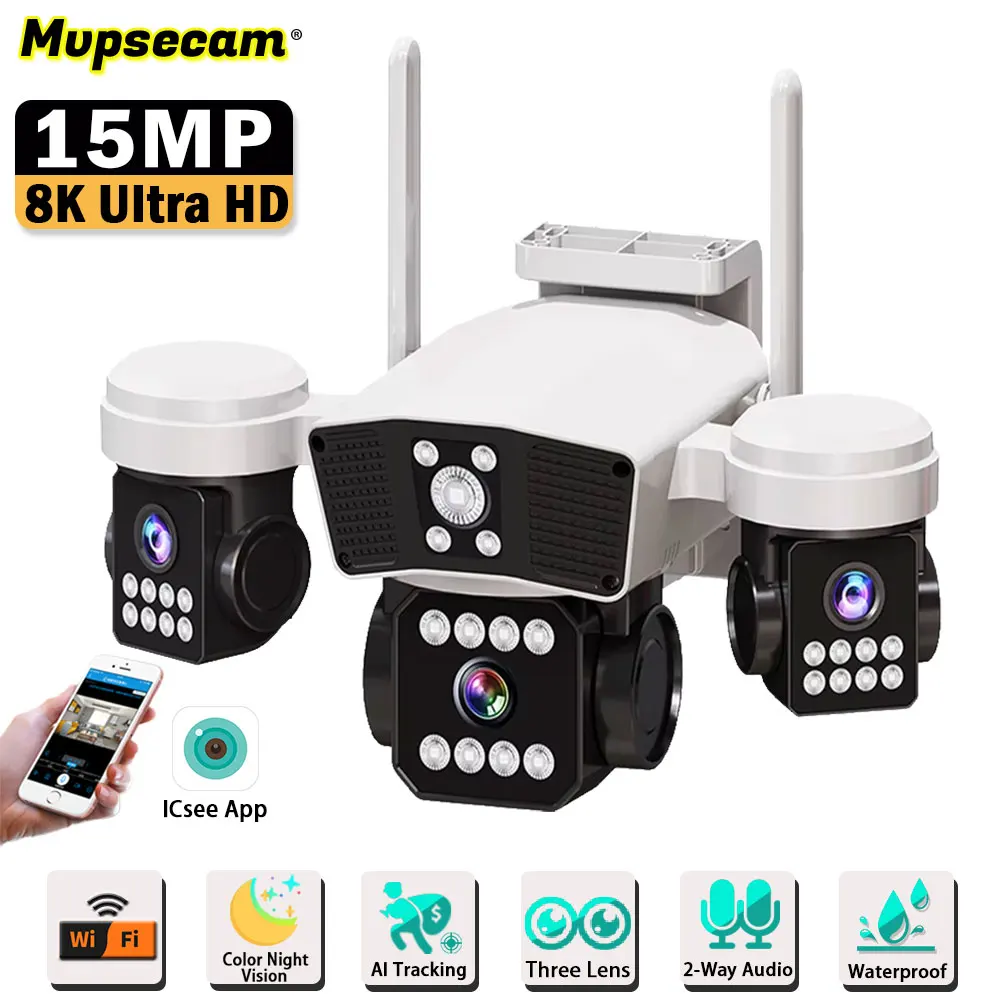 

Three Lenses Triple Screens Wifi PTZ Camera Home Waterproof ICsee Xmeye 15MP Outdoor Wireless Cctv Security Full Color IP Camera