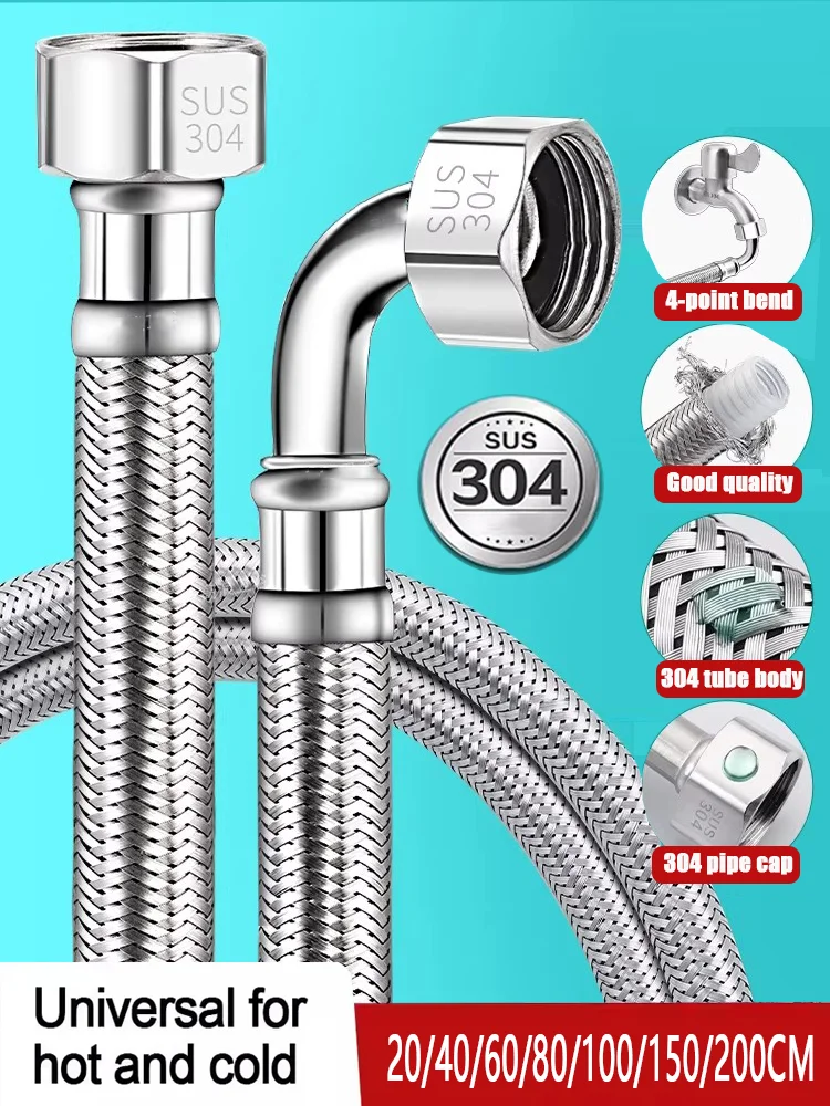 Metal 90° Bend Toilet Inlet Pipe 30/40/60/80/100/150/200cm 304 Stainless Steel Woven Tube Cold Hot Water Explosion-proof Hose