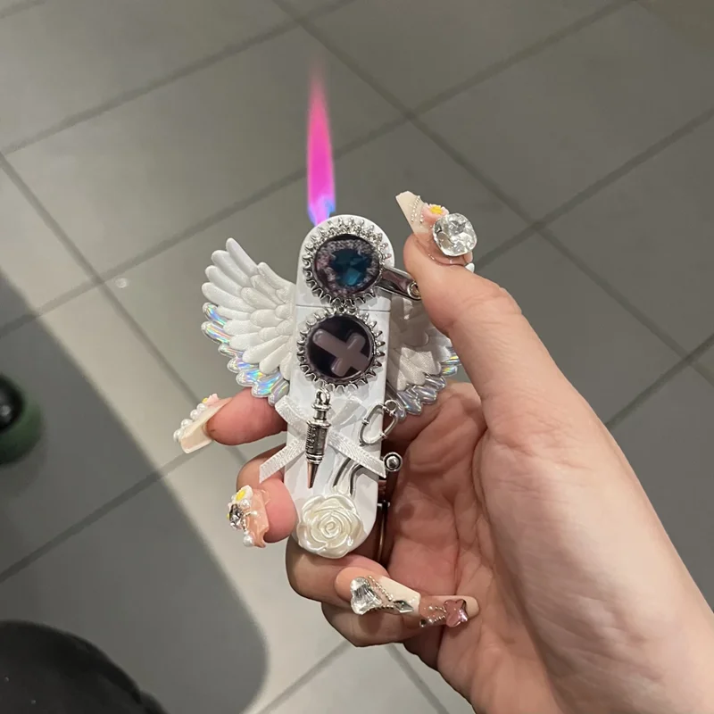 New Angel Wings Pure White Inflatable Lighter Windproof Jet Flame Holy Pink Flame Lighter Cigarette Accessories Girl Gift