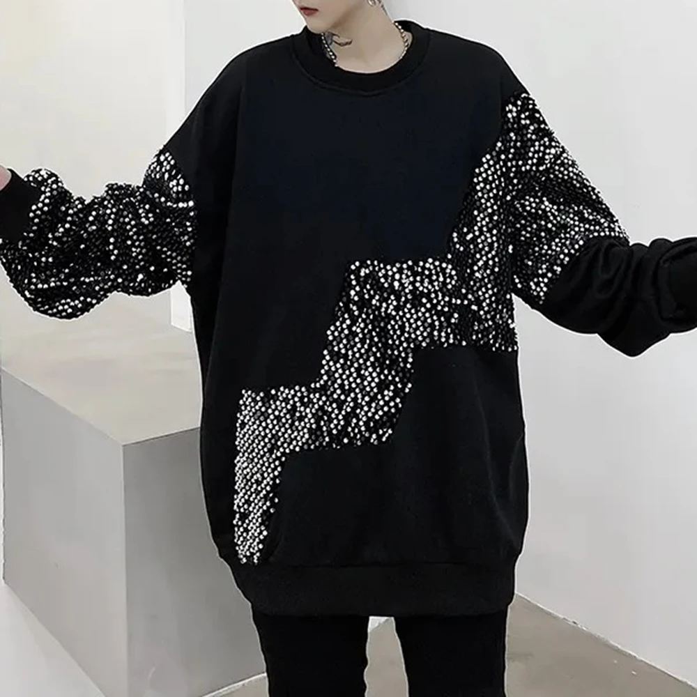 

Mens Sweatshirt Dark Gothic Style Sequin Top Streetwear Fashion Campus Performance Splicing Long-Sleeve Top Men'S Clothing 2024