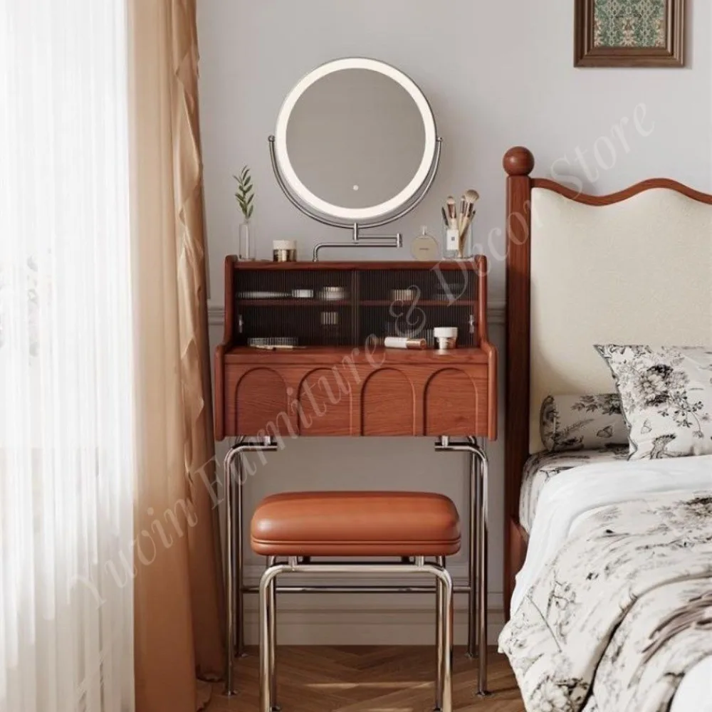 Modern European Minimalist Panel Dressing Table Mirror with Three-color LED Lights Assembled Solid Wood for Apartment Use