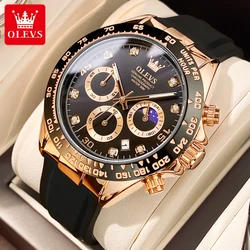 OLEVS Brand Watches for Men Chronograph Analog Quartz Watch Moon Phase Silicone Diamond Waterproof Luminous Quartz Wrist Watches