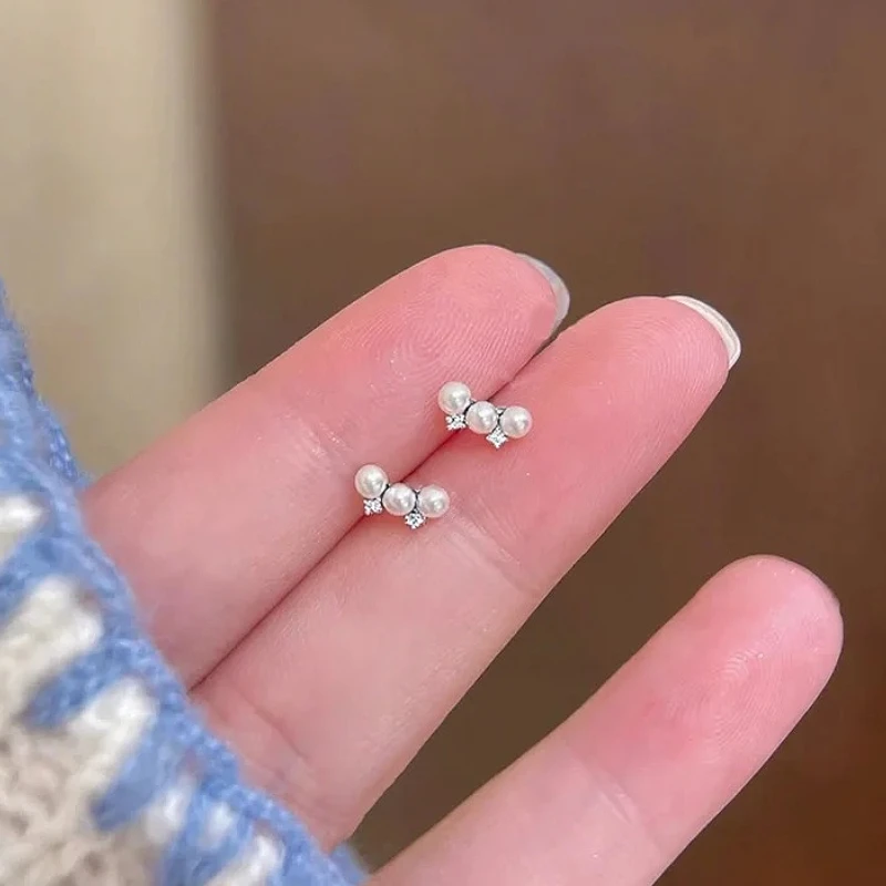 

925 Sterling Silver Korean Version Geometric Chic Pearl Stud Earring for Women Fine Jewelry High Luxury Vintage Accessories