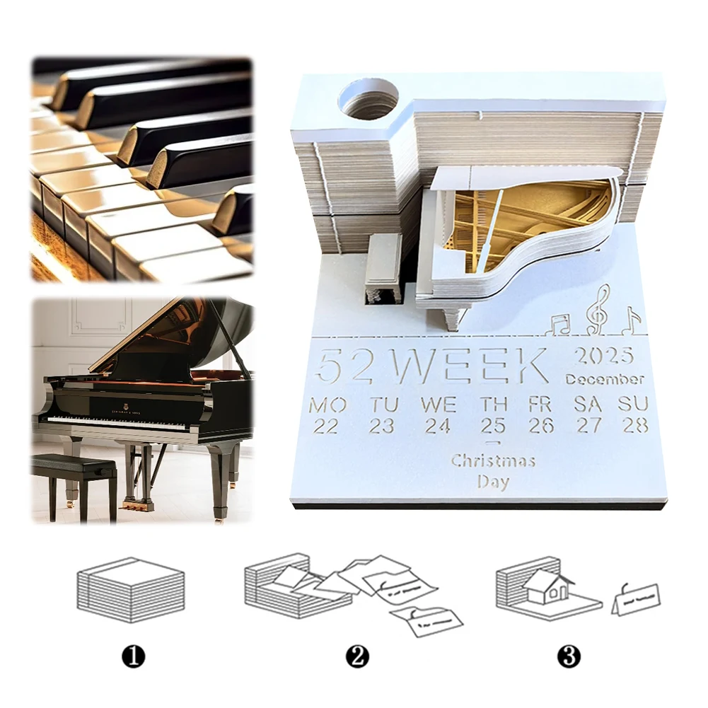 

Piano Desk Calendar 2025 Time Piece Calendar Creative Desk Calendar Paper Carving Art Memo Pad Notepad Room Decor Gift