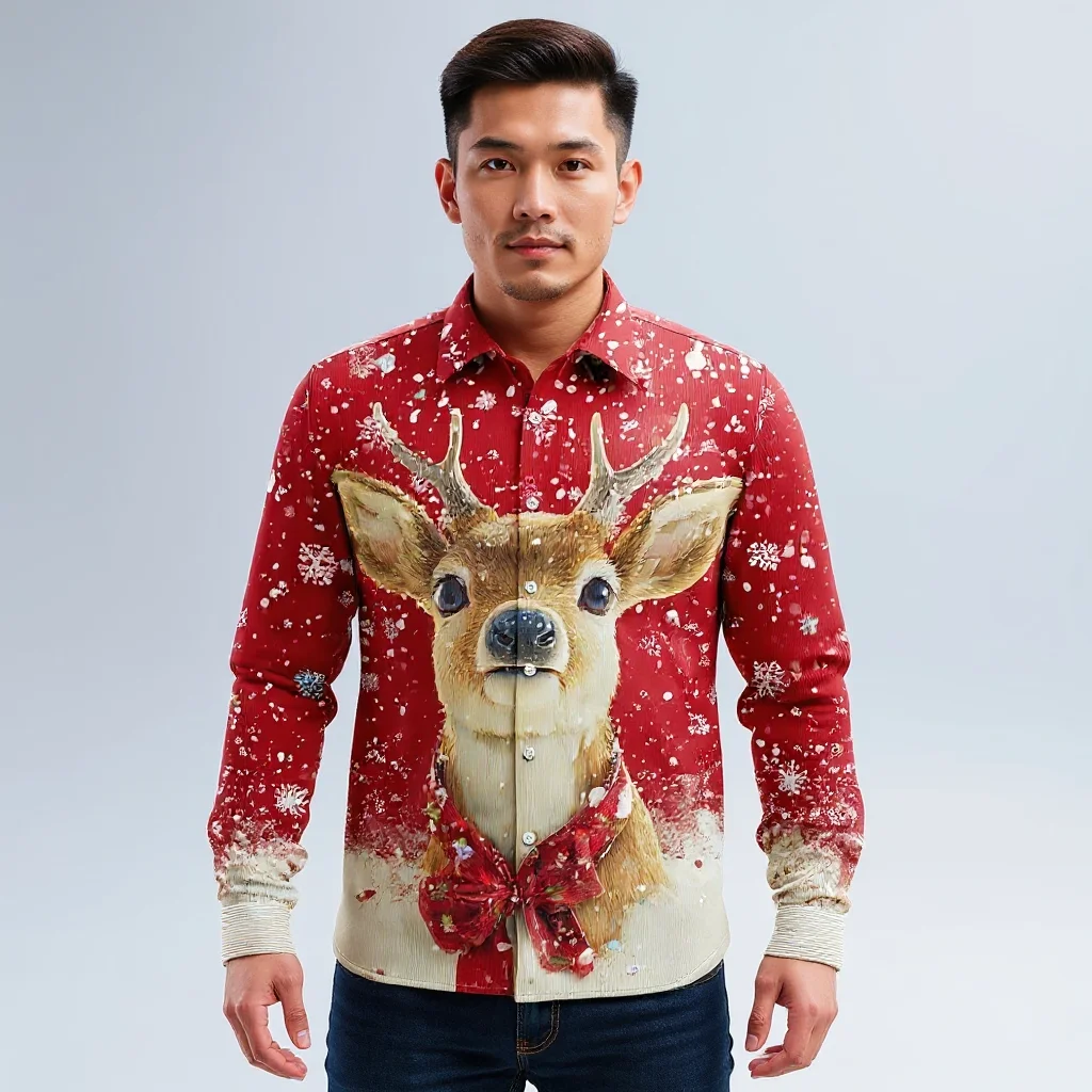

Мужская рождественская тема 2025 года, рубашка со снежинками и рождественским принтом животных, рубашка на пуговицах, повседневная рубашка с длинными рукавами, уличная блузка