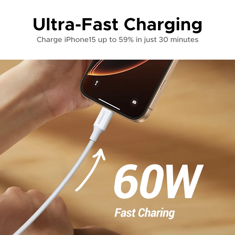 UGREEN PD60W USB-C Charging Cable Type-C to USB-C Fast Charging Cable for iPhone 15-17 Pro Max Samsung Xiaomi iPad CarPlay Cord