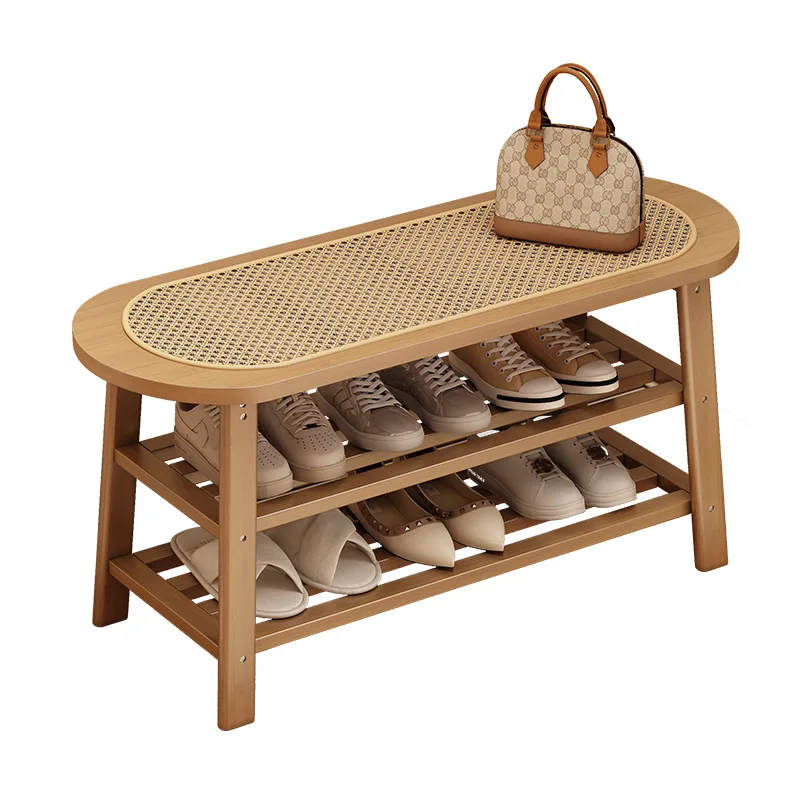 HYS solid wood shoe changing stool, simple entry at the door of the home, shoe cabinet, coat rack, integrated rattan stool