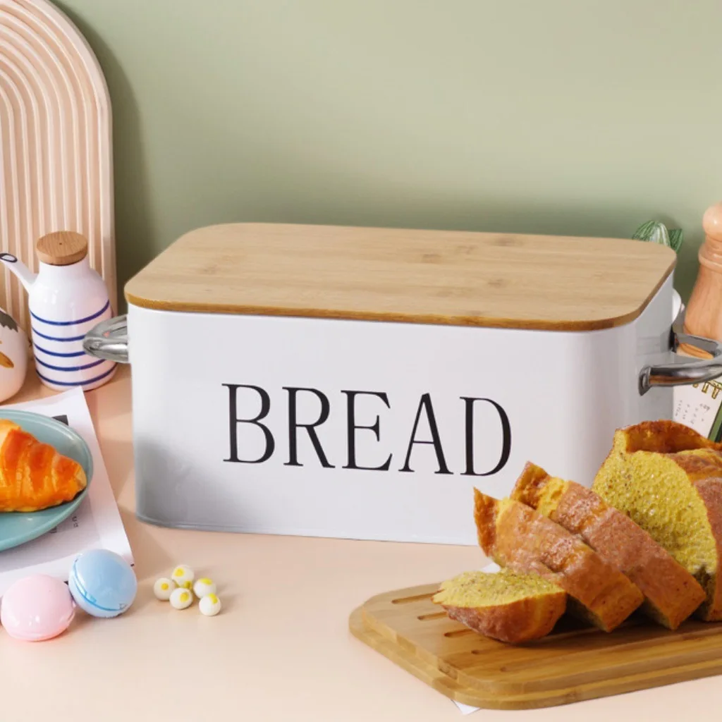 Breathable Metal Bread Box with Bamboo Cutting Lid,Toast Storage Container for Kitchen Countertop,Baguette Bin,Food Organizer