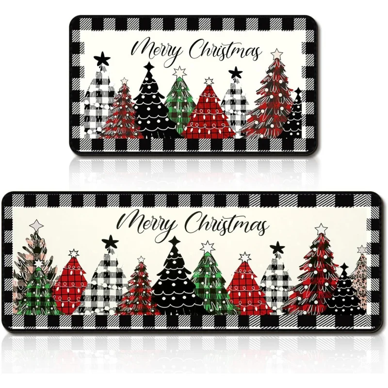 

Christmas black checkered kitchen floor mat set of 2 anti slip holiday decoration home door mats 20inX31in 18inX47in