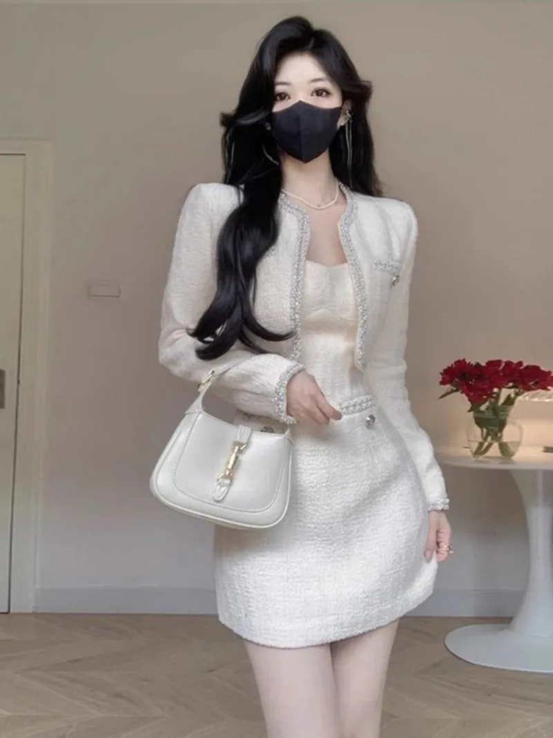

New Luxury High End Slim Two Piece Set Women Fashion Small Fragrance Autumn Long Sleeve Short Coat + Sling Mini Dress Suit