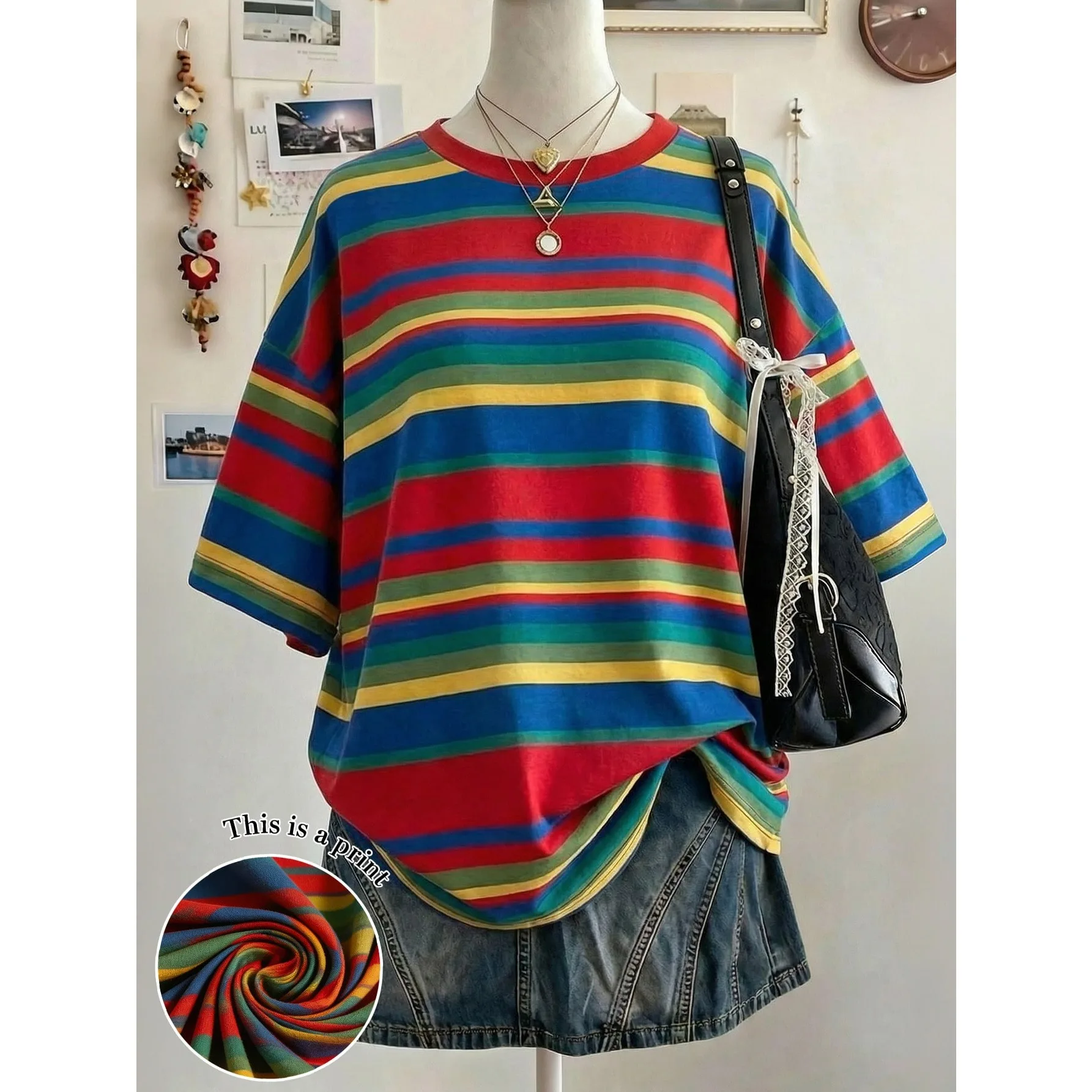 Vintage T-Shirt für Damen mit Regenbogenstreifen, überschnittenen Schultern, Rundhalsausschnitt, kurzen Ärmeln, bunter Streifenmuster, lässig, im Retro-Stil, für den Sommer, Streetwear. – Detail 3