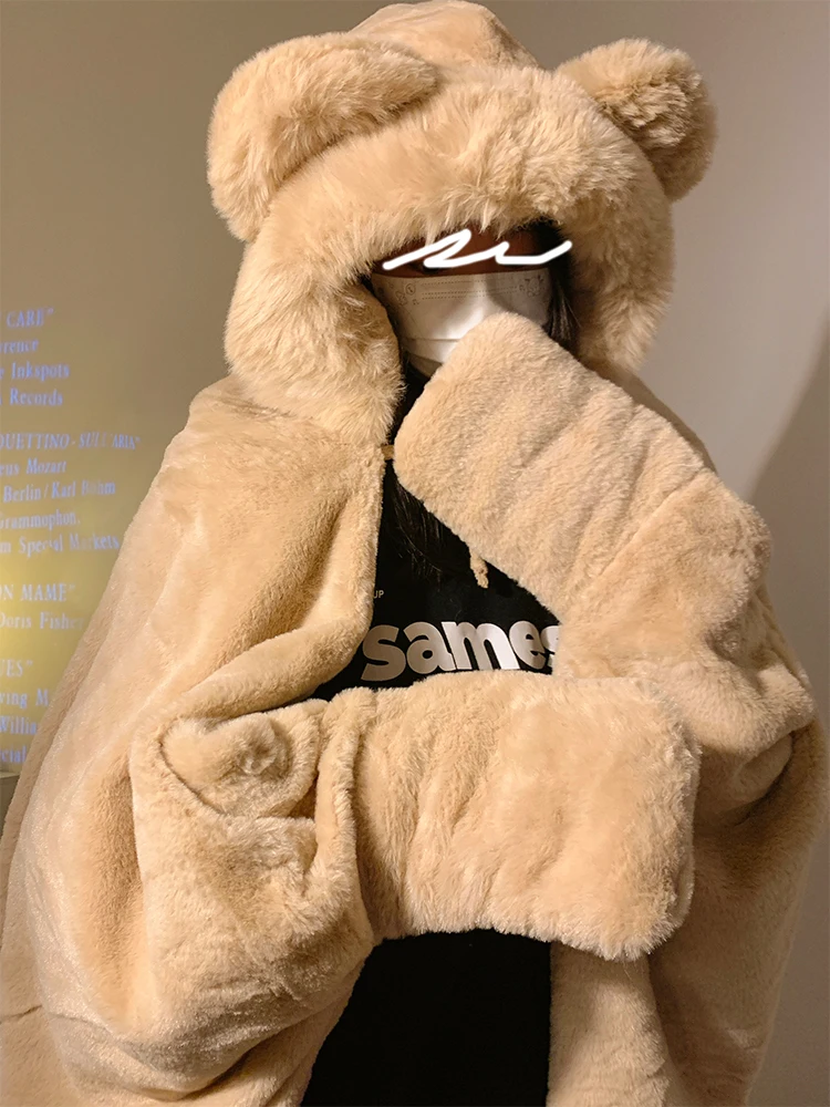 Thickened Plush Blanket Women's Winter Warm Sleep Office Lazy Shoulder Shawl Hooded Cloak Polyester Fiber Cartoon Style