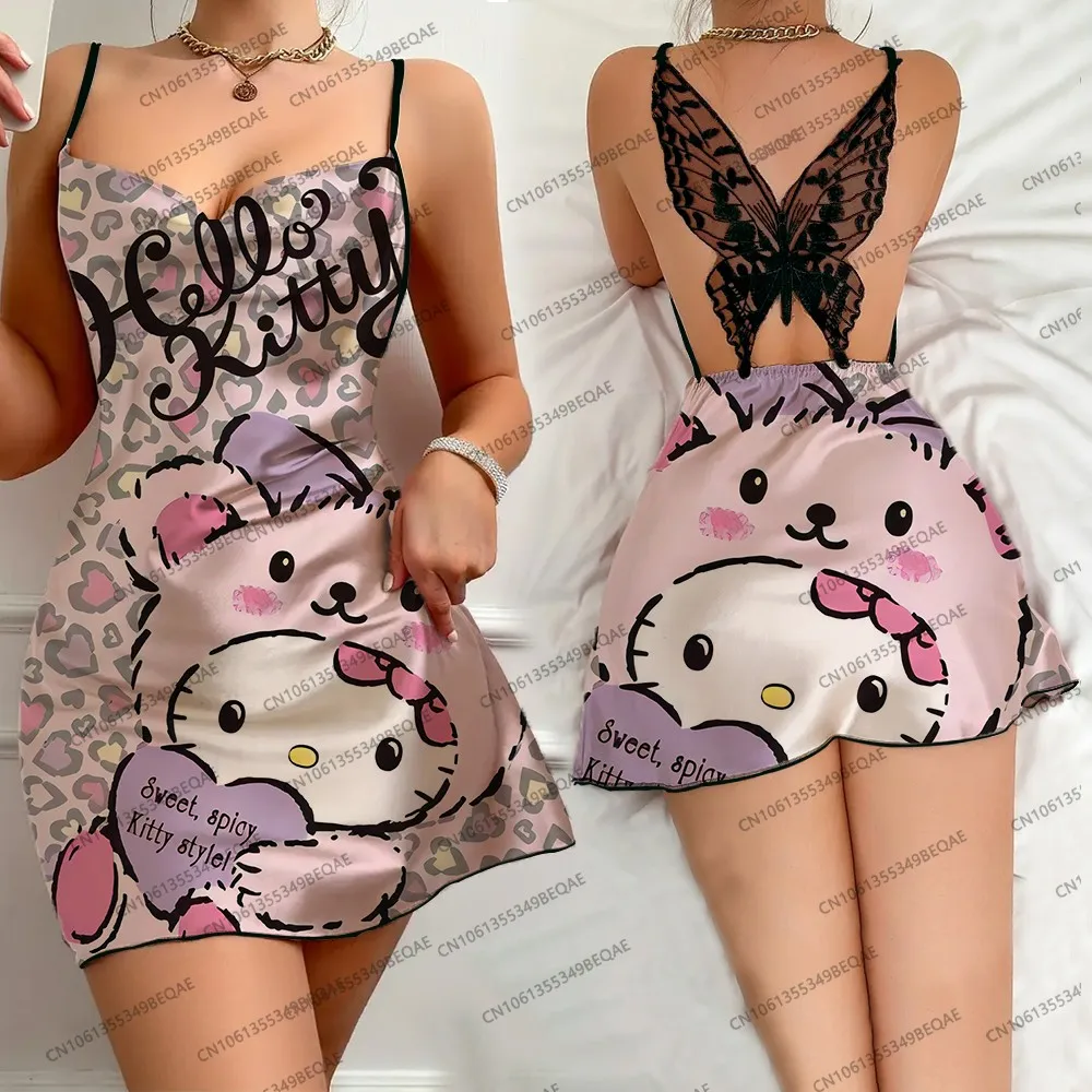 Vestido feminino moderno com suspensório de renda, estampa hello kitty, costas nuas, borda plissada, camisola de verão, confortável, sem mangas, roupa de dormir