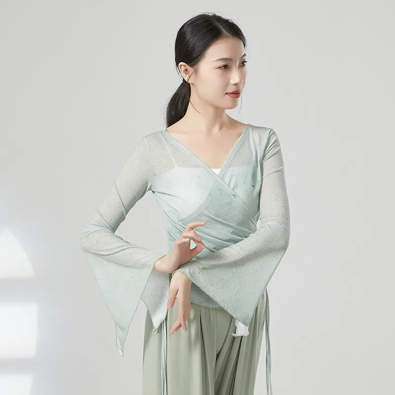 Horn Sleeve Gauze Shirt Women Classical Mesh Top Printed Transparent Sexy Dancer Practice Wear Performance Suit Hanfu Chinese